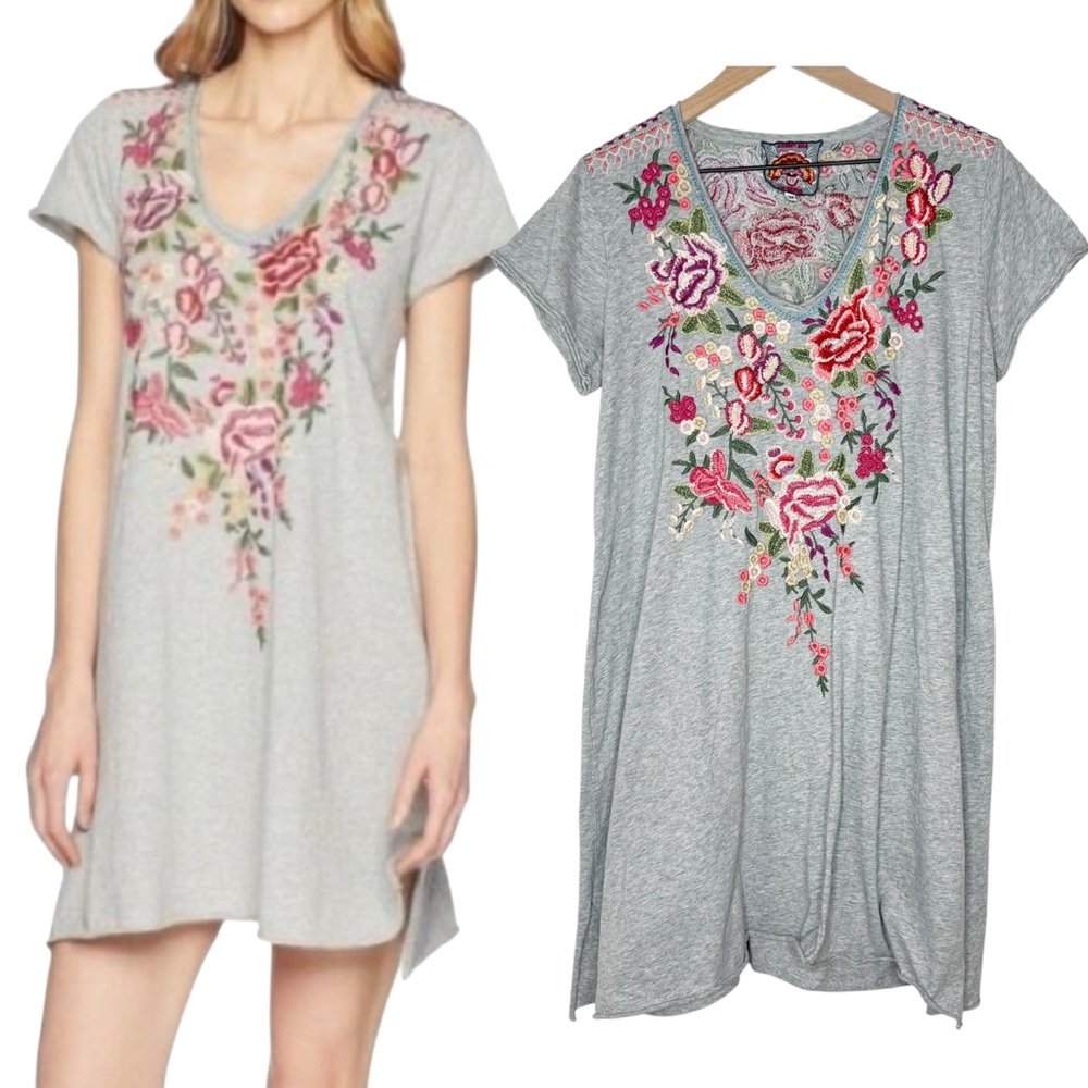 Johnny Was Adeline Embroidered Floral Tunic T-Shirt Dress Grey size Medium